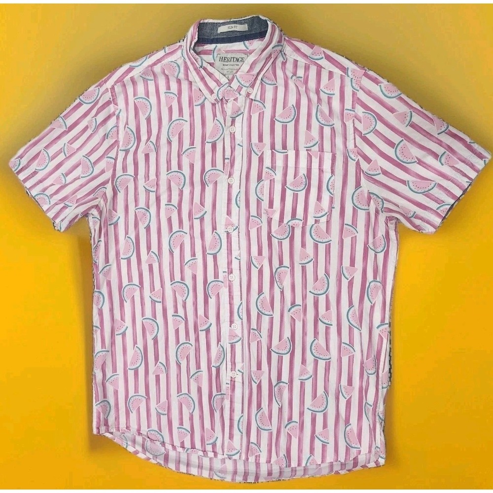 Heritage Report Collection Shirt L Pink Watermelon Print Striped Button Front